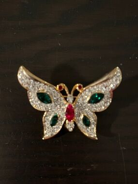Vintage Gold Butterfly Brooch with Red and Green Gemstones